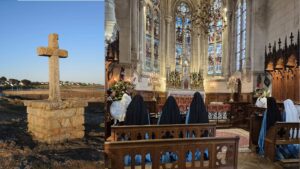 A composite image : the left side shows a granite cross on a rugged Brittany beach, at St. Gildas and the right side shows Sister Adorers in blue habits praying in the Neo-Gothic St. Sulpice chapel.