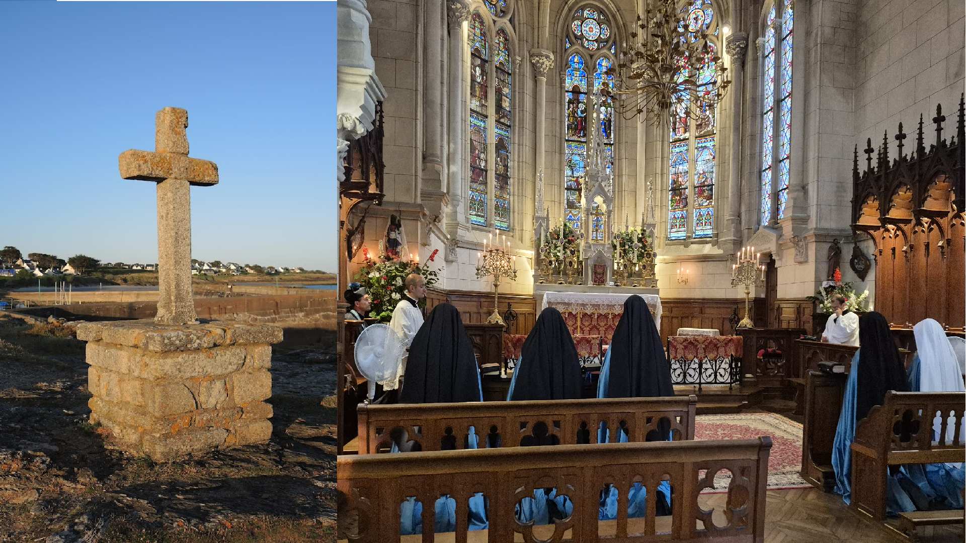 A composite image : the left side shows a granite cross on a rugged Brittany beach, at St. Gildas and the right side shows Sister Adorers in blue habits praying in the Neo-Gothic St. Sulpice chapel.